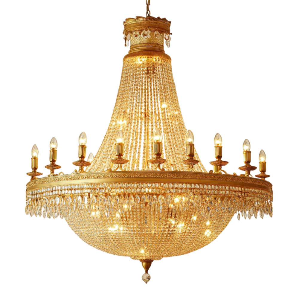 Grand crystal chandelier with intricate details illuminating spaces with sophistication and timeless charm png