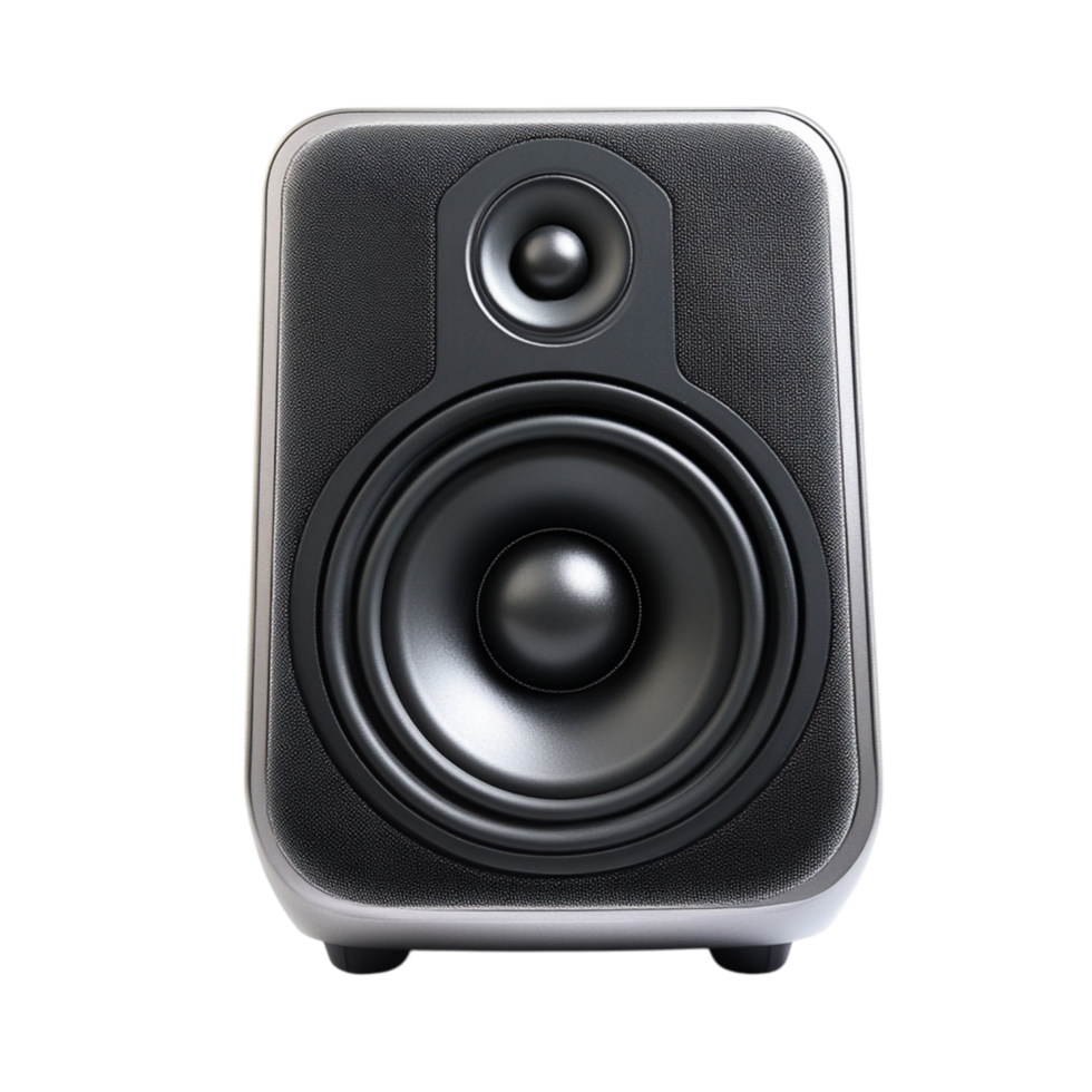 Powerful black speaker with a sleek design and a large woofer symbolizing music and the immersive experience of highquality sound png