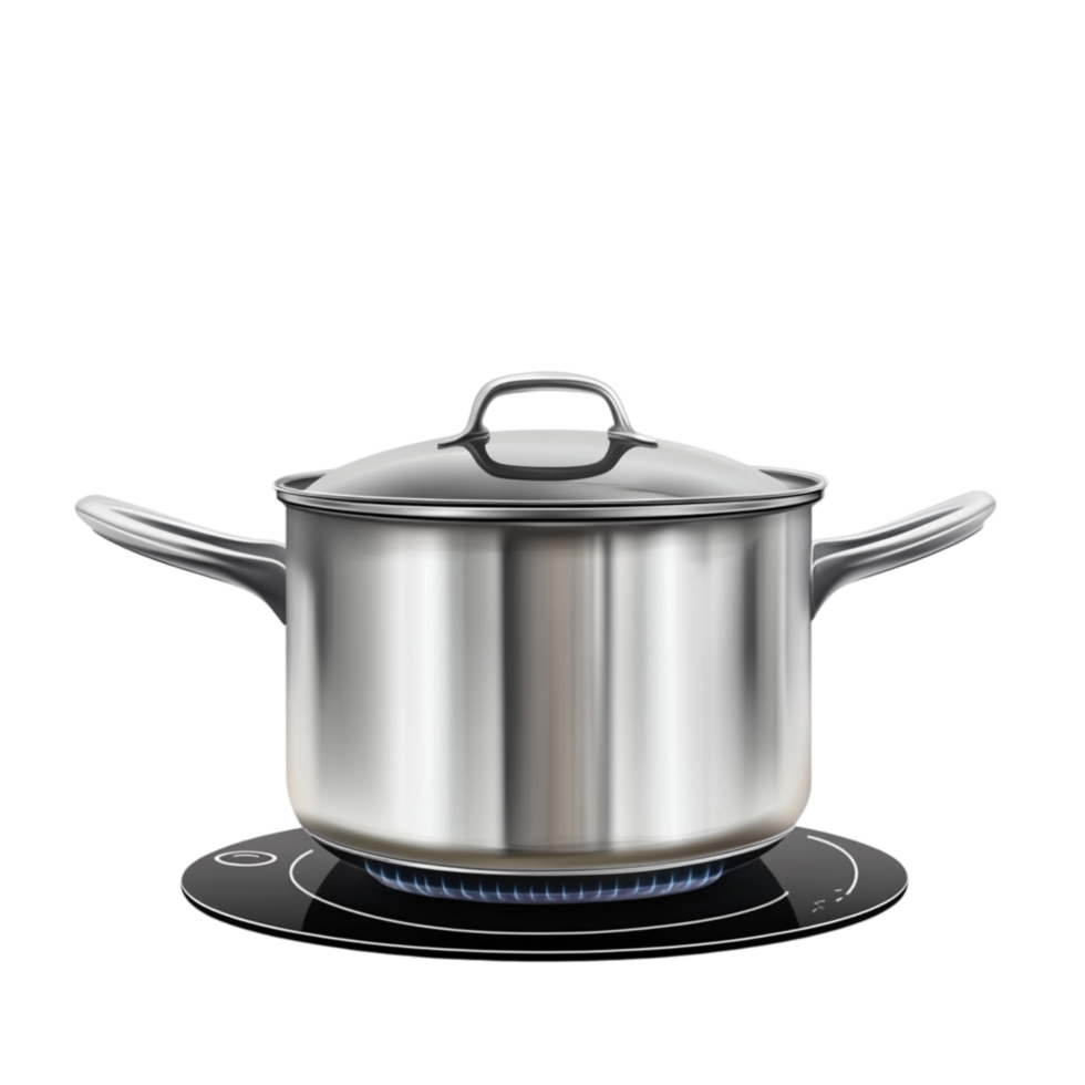 Stainless steel cooking pot on an induction stove symbolizing efficiency durability and the modern functionality of essential kitchen cookware and appliances png