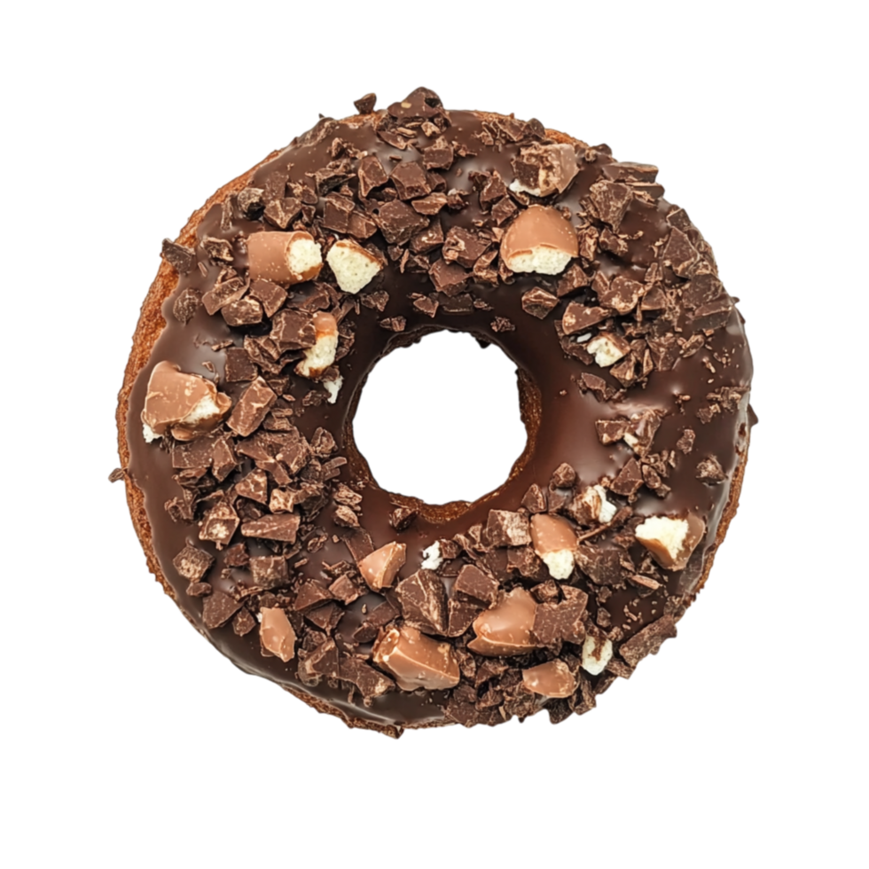 Chocolate donut topped with crushed nuts offering a perfect combination of crunch and sweetness for dessert lovers png