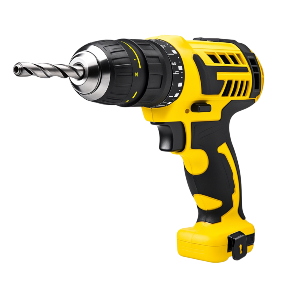 Yellow cordless power drill with a metal bit highlights precision and efficiency in tools png