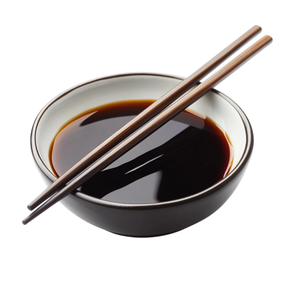 Bowl of dark soy sauce with wooden chopsticks symbolizing flavor tradition and the essential taste of Asian cuisine and authentic culinary ingredients png