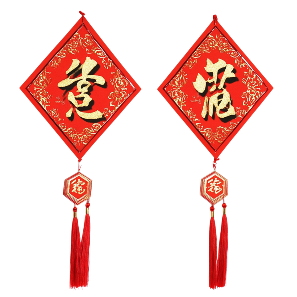 Traditional Chinese red hanging decorations adorned with golden characters symbolizing prosperity and the rich cultural essence of good fortune png