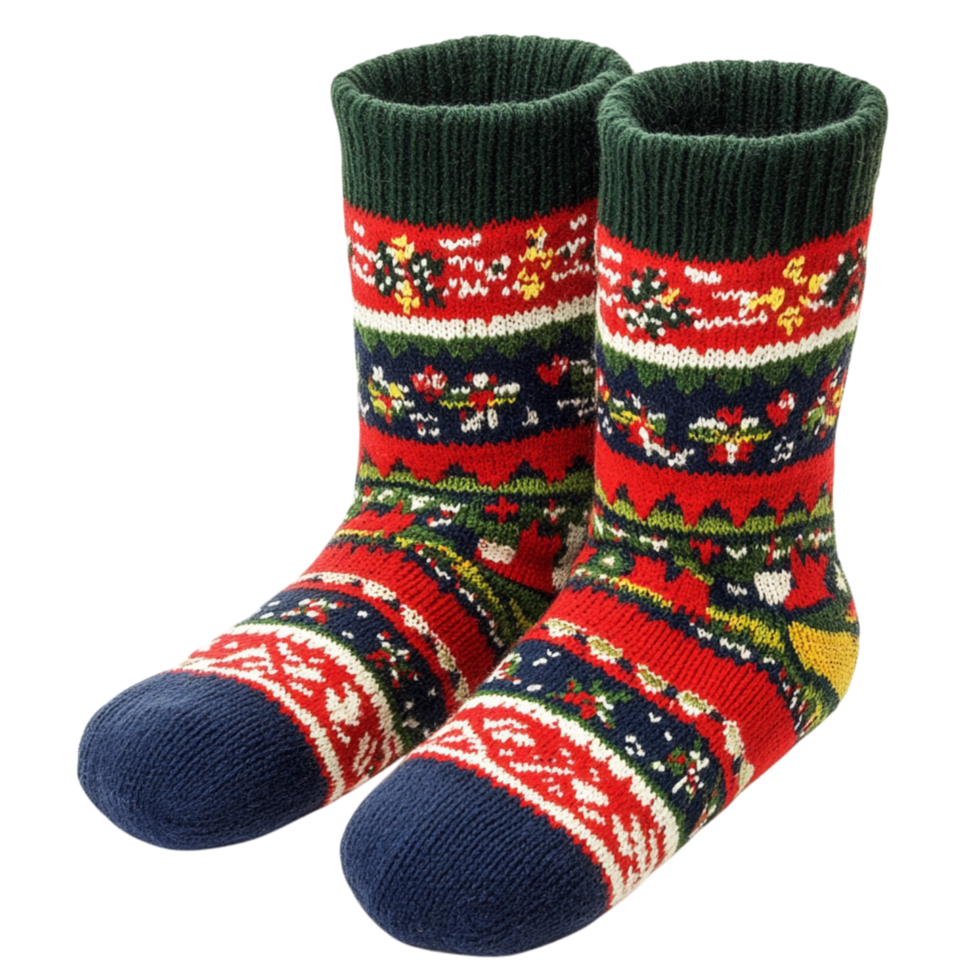 Festive wool socks with a holidayinspired design and contrasting cuffs symbolizing warmth and the joyful charm of seasonal attire png