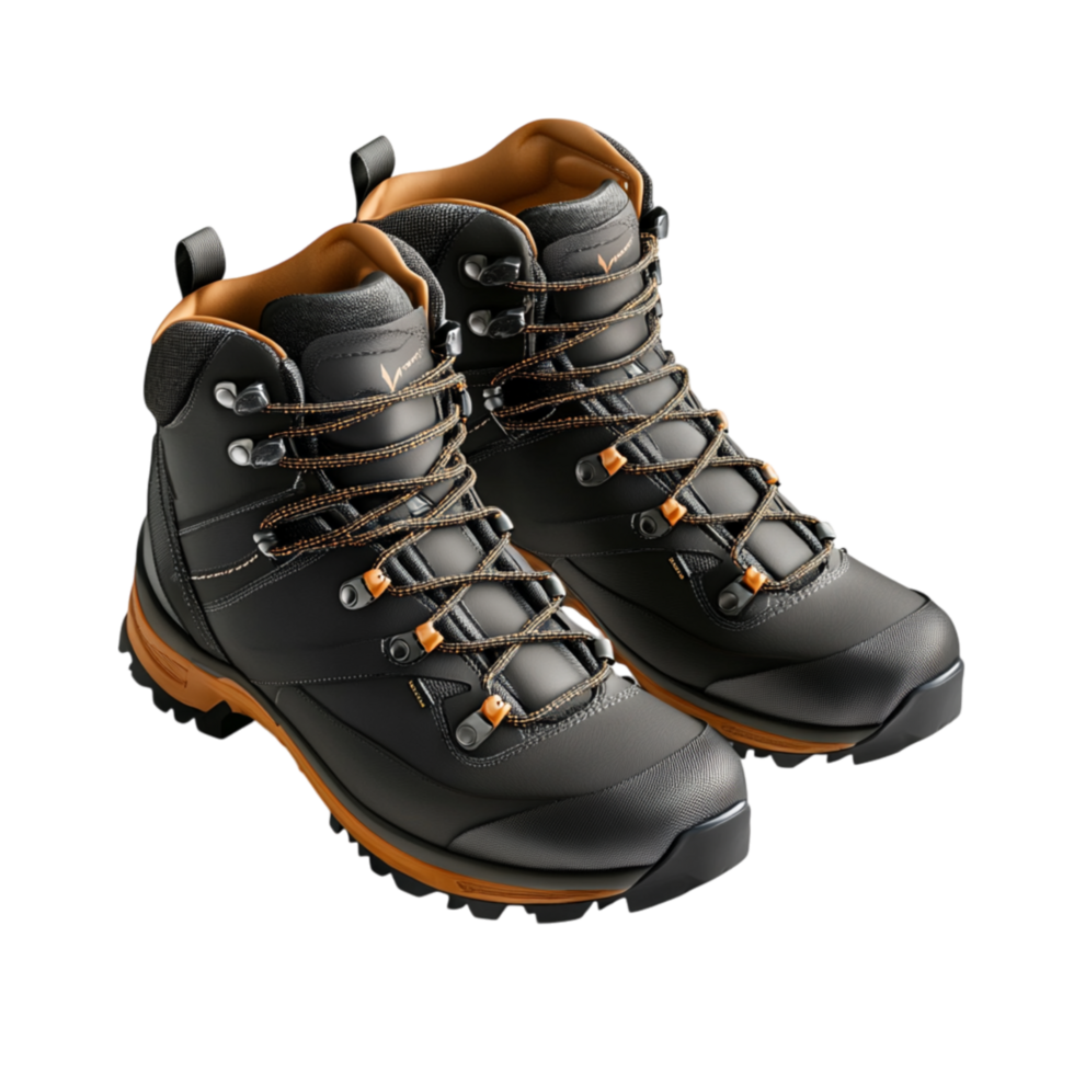 Sturdy hiking boots with thick soles are designed for rugged outdoor adventures and trails png
