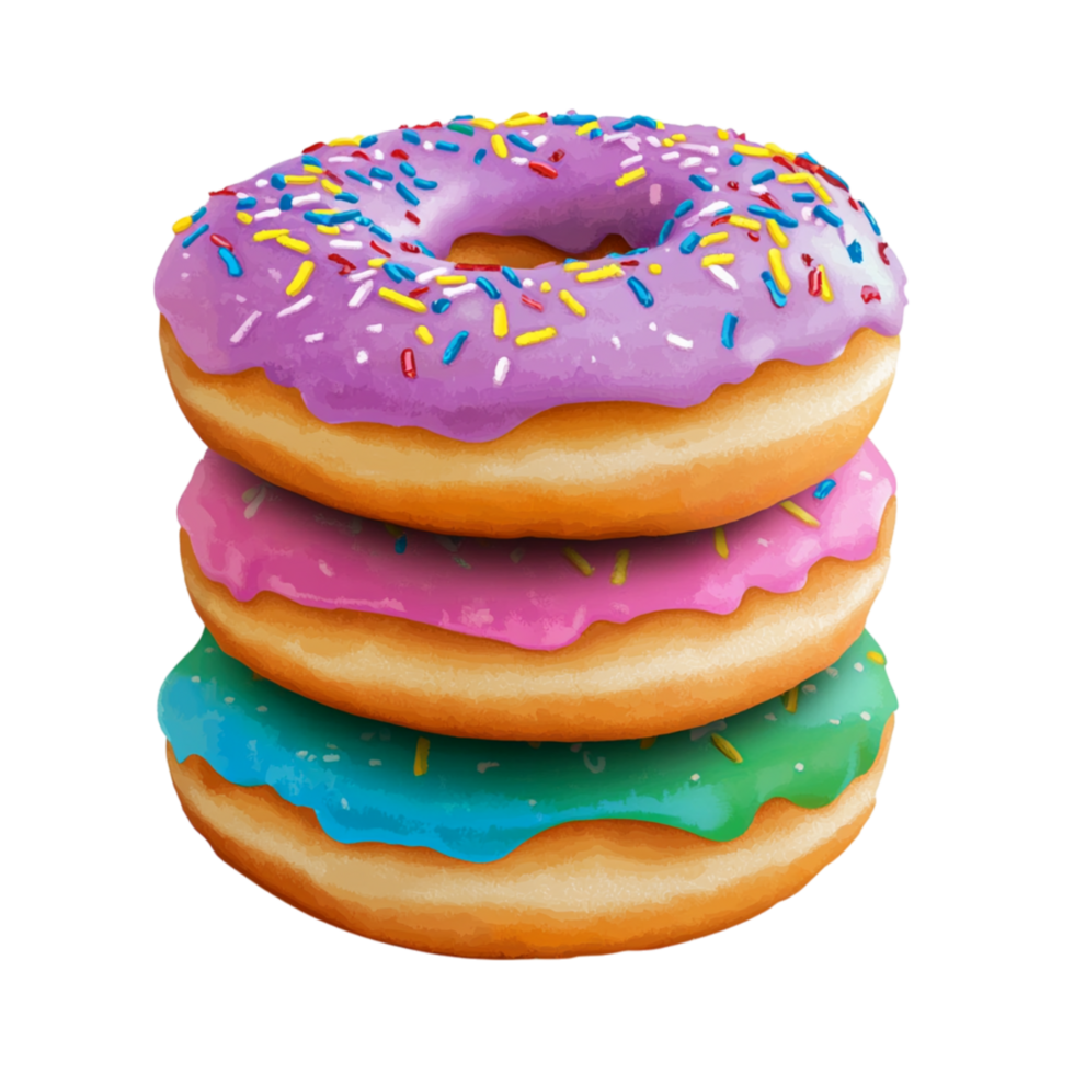 Colorful glazed donuts stacked in a tempting arrangement symbolizing sweetness joy and the irresistible delight of sugary treats png
