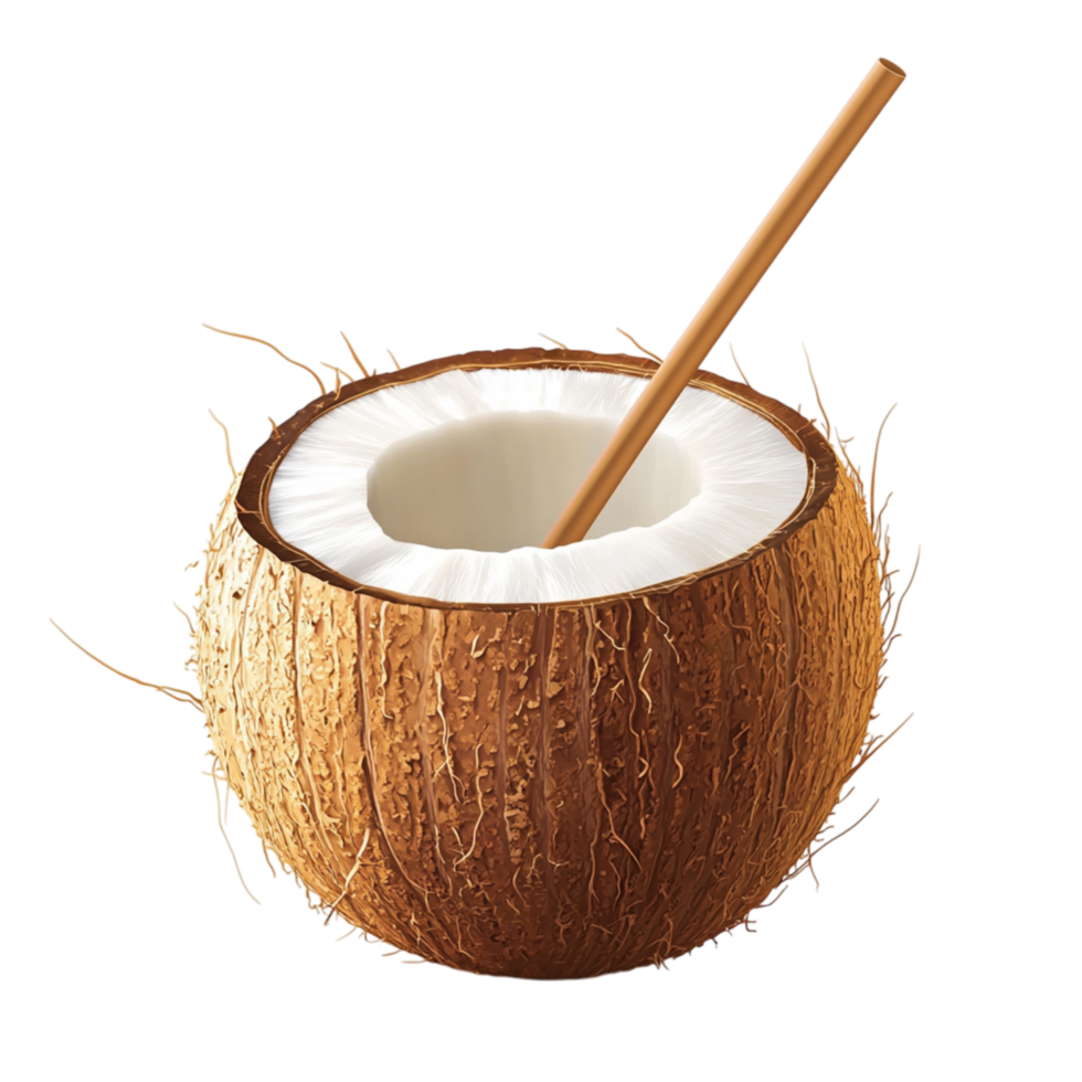 Coconut drink with a wooden straw inside a natural shell symbolizing refreshment relaxation and the tropical essence of paradise png