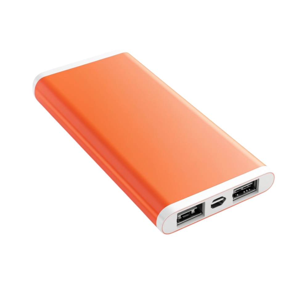 Compact orange power bank with dual charging ports symbolizing convenience portability and the essential backup power source for mobile devices png