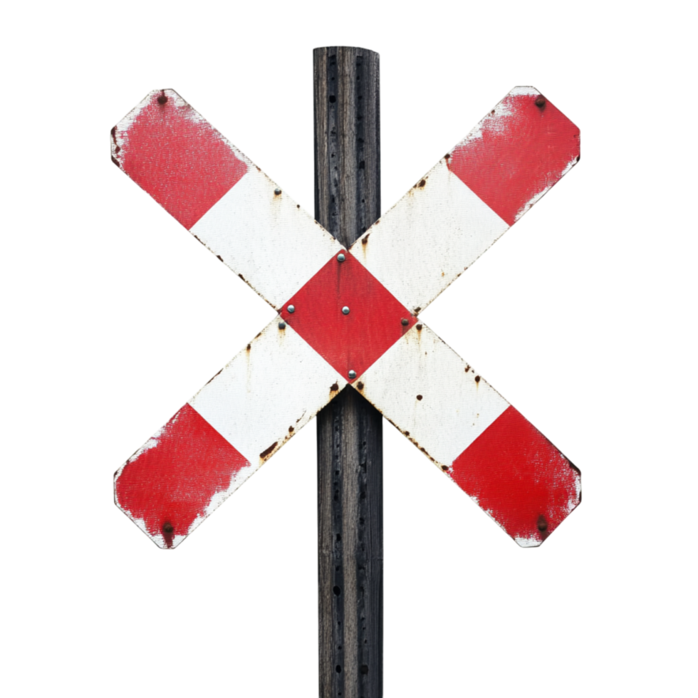 Rustic red and white railroad crossing sign with weathered symbolizing caution safety and the important role of signage in preventing accidents on the tracks png