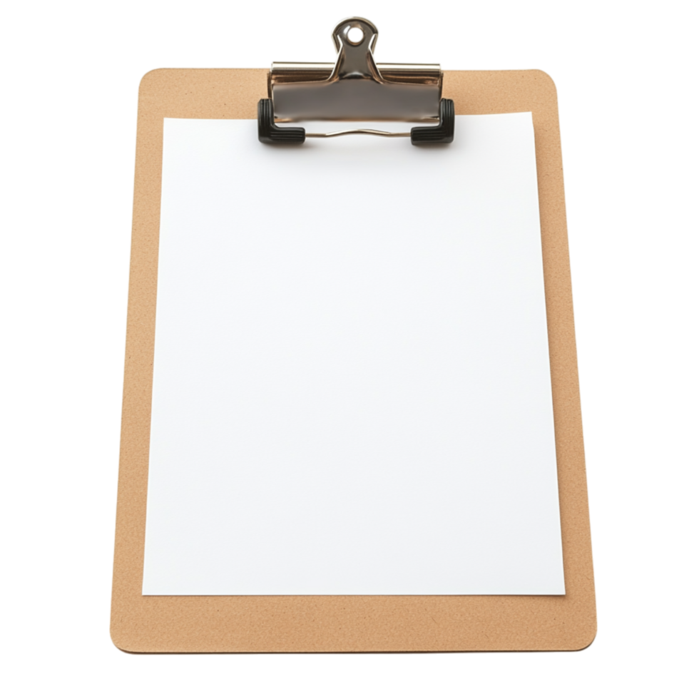 Wooden clipboard with a blank sheet of paper stands ready for notes and creative ideas png