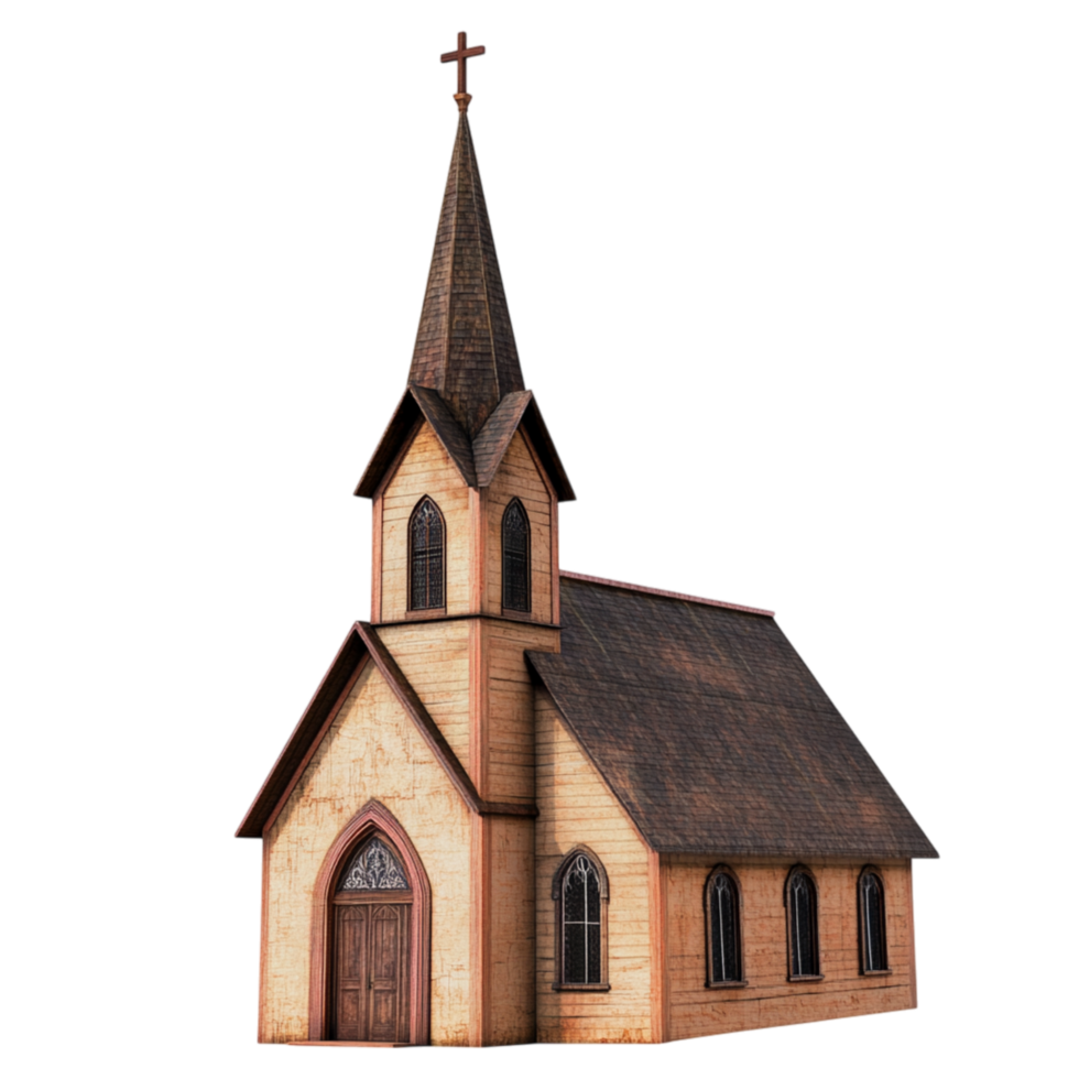 Wooden church with a tall steeple cross on top and rustic architecture symbolizing spiritual gatherings historical heritage and the peaceful charm of sacred spaces png