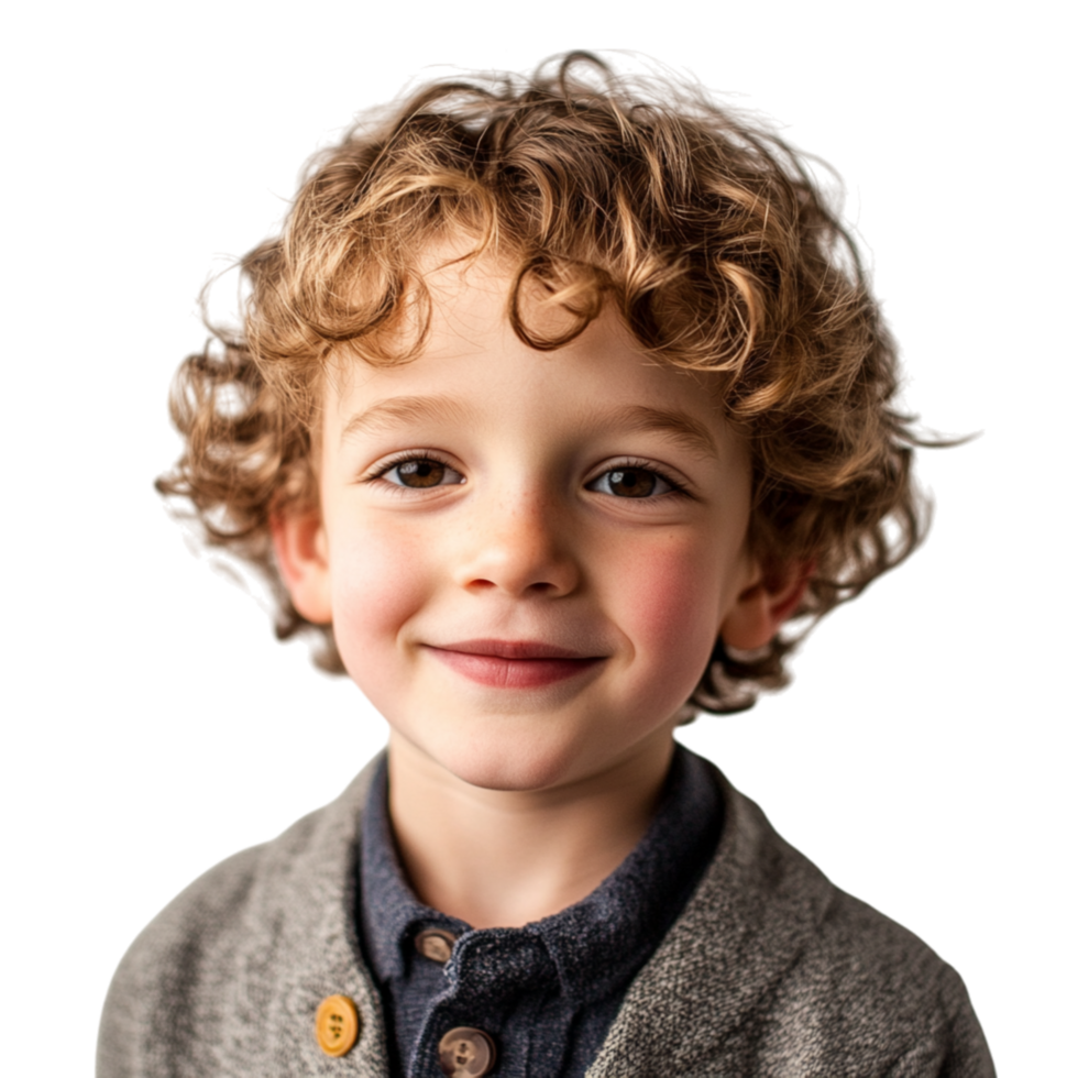 Smiling young boy with curly brown hair symbolizing innocence happiness and the pure joy of childhood with a warm and friendly expression png