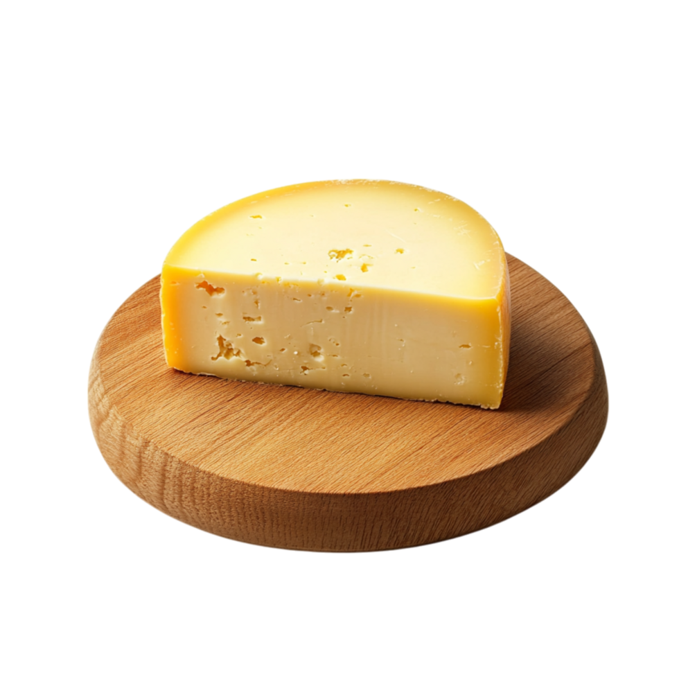 Wheel of cheese on a wooden board with smooth yellow rind symbolizing gourmet flavorsisanal craftsmanship and the delight of savory indulgence png