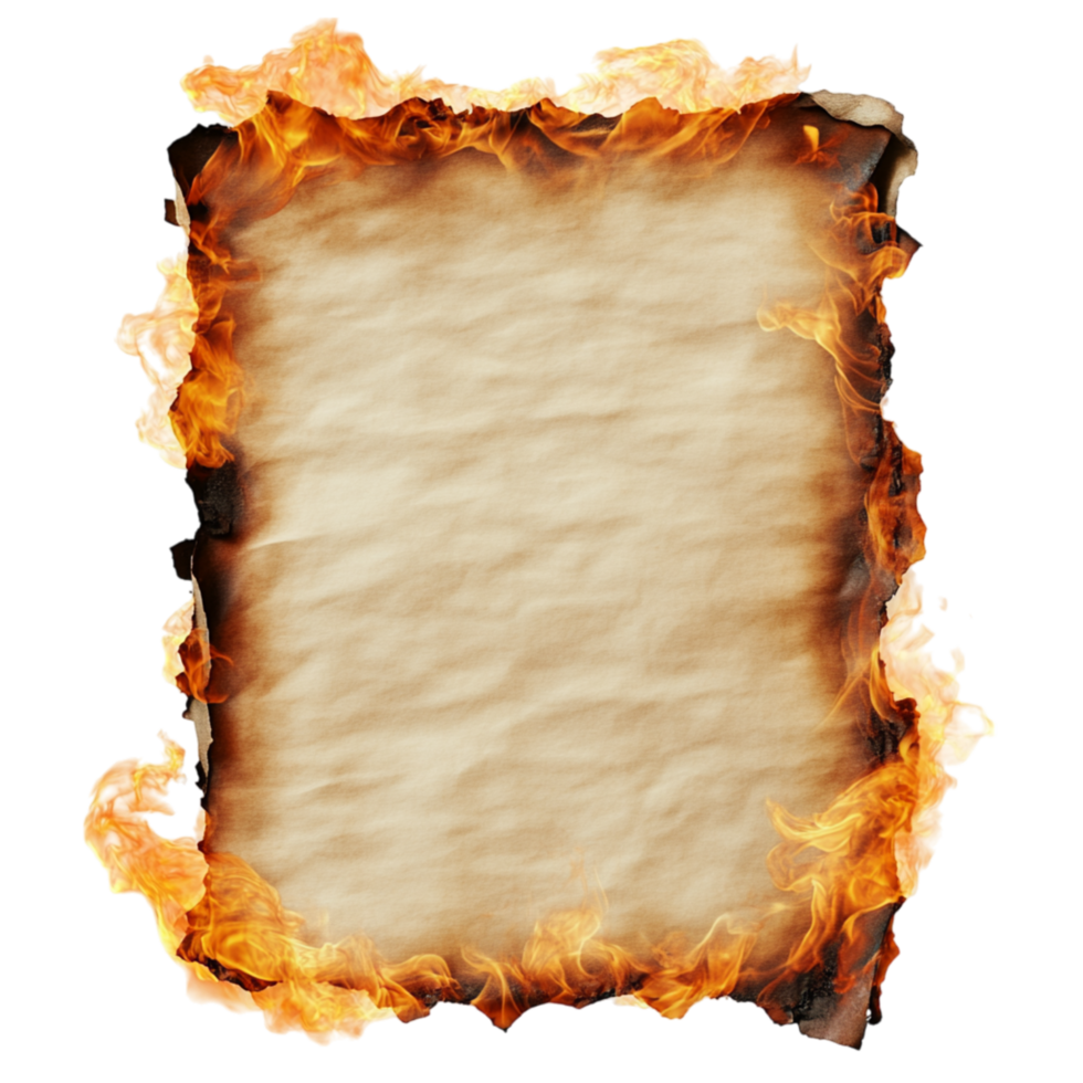 Burning parchment with charred edges and vivid flames symbolizing ancient scrolls lost messages and the dramatic effect of fire consuming paper png