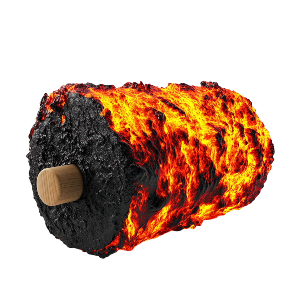 Charred burning log engulfed in bright flames symbolizing destruction raw power and the intense energy of consuming fire png