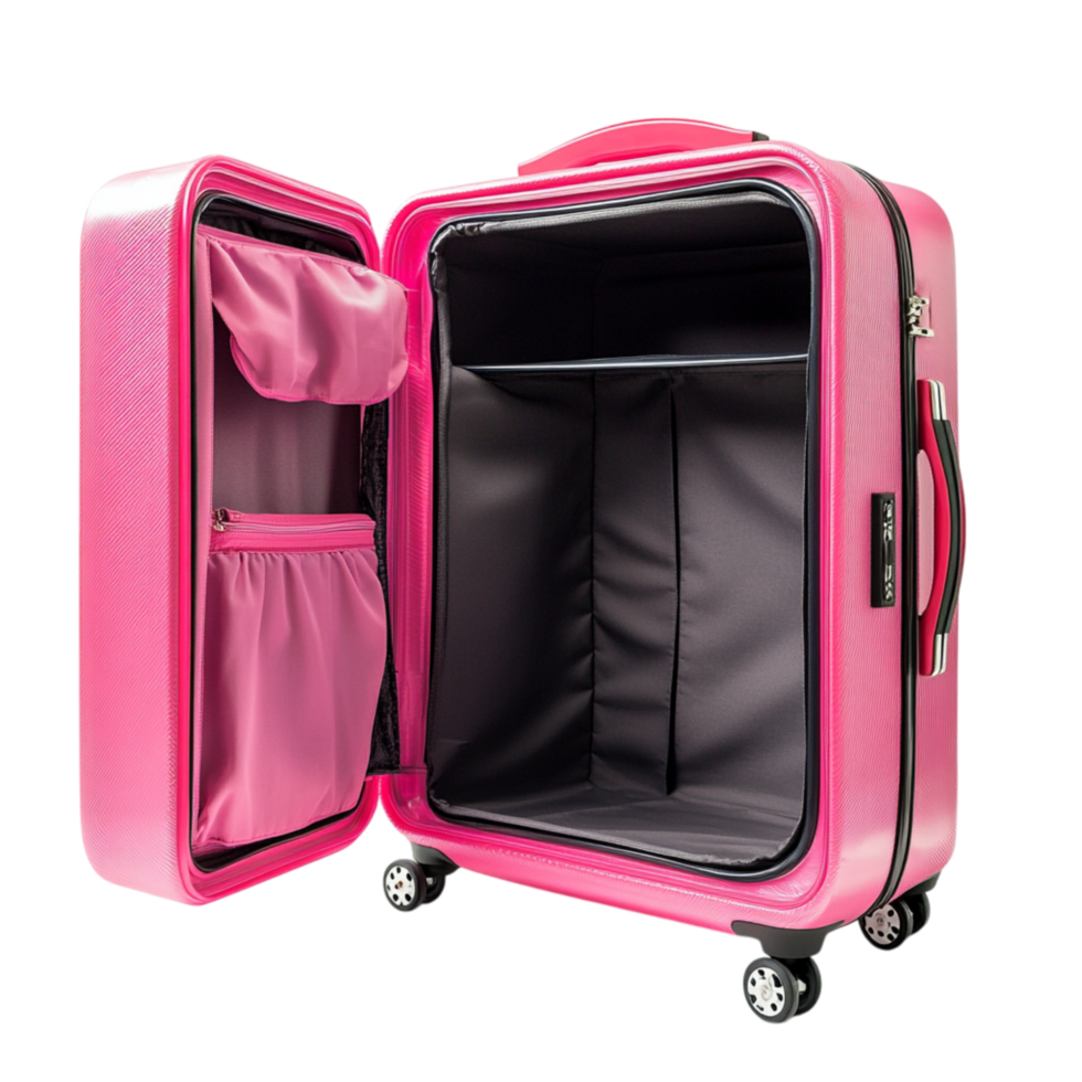 Bright pink suitcase standing open with spacious compartments symbolizing travel organization and the excitement of adventurous journeys png