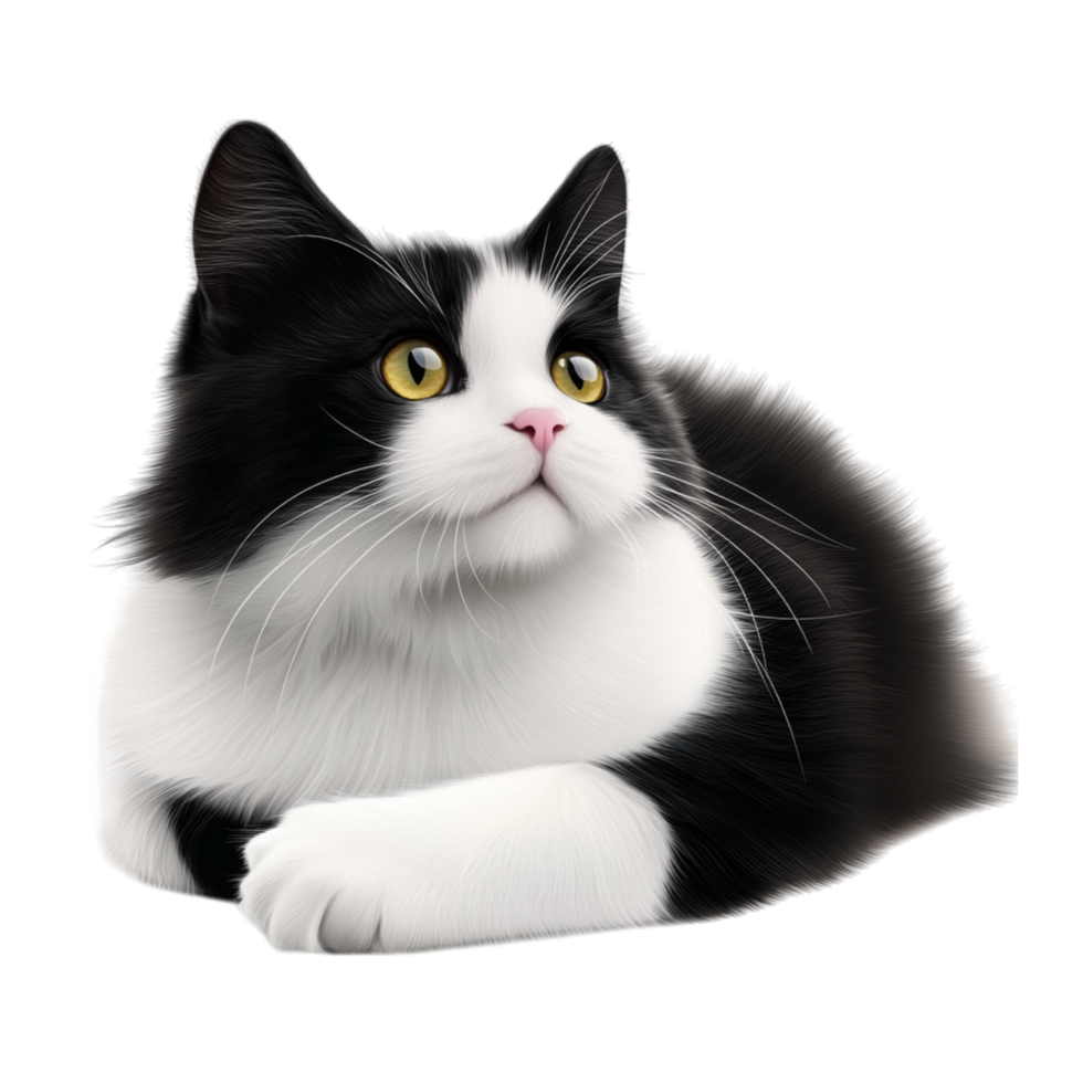 Black and white cat lying down with alert eyes symbolizing elegance curiosity and the playful yet mysterious nature of feline companions png