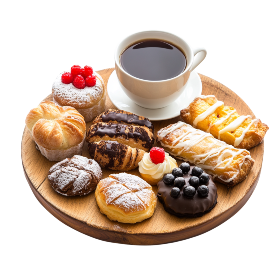 Pastry platter with assorted baked goods and a steaming cup of coffee symbolizing delicious indulgence cozy mornings and the warmth of fresh treats png