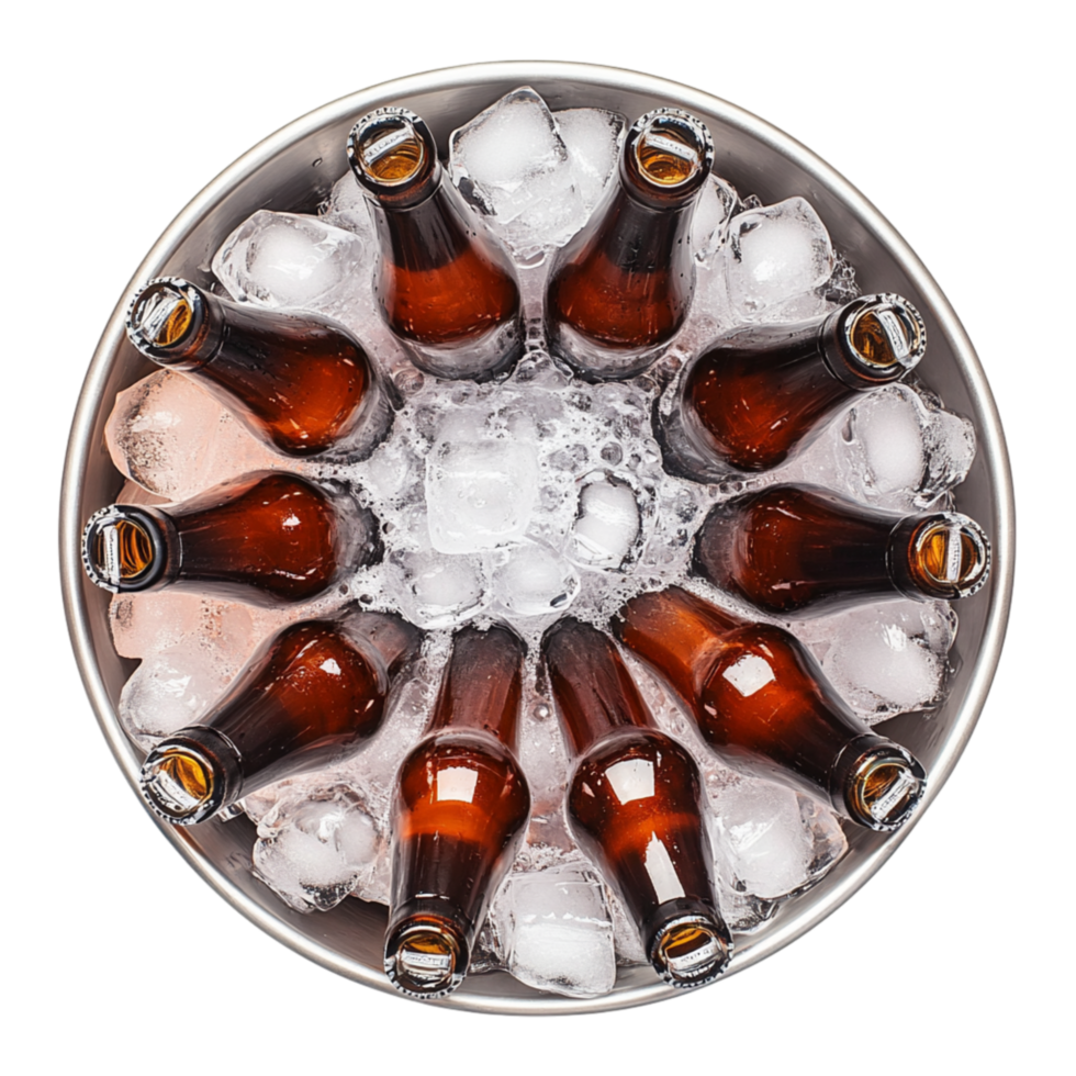 Ice bucket filled with glass beer bottles and sparkling ice cubes symbolizing refreshing beverages cool gatherings and the essence of celebrations png