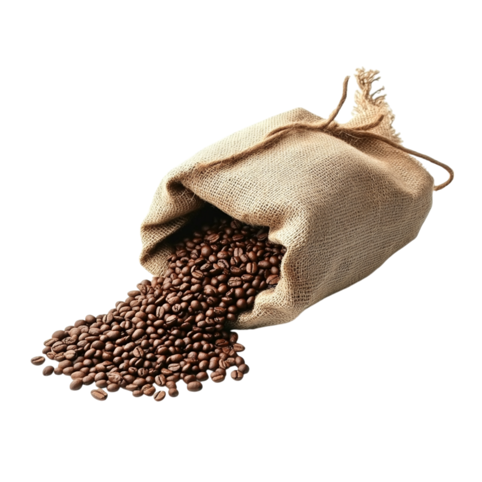 Burlap sack spilling fresh coffee beans with rich texture and aroma symbolizing bold flavors morning rituals and the energizing essence of coffee png