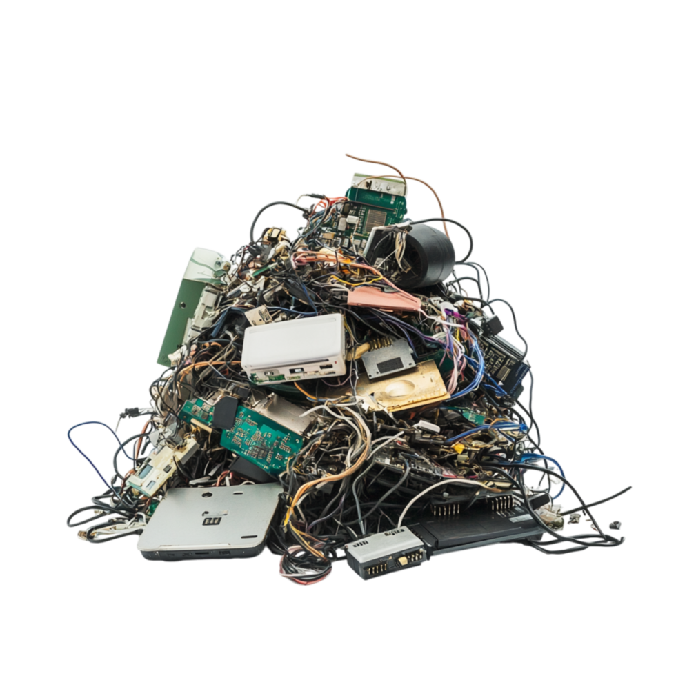 Pile of electronic waste consisting of tangled wires old circuit boards and broken devices representing technology waste recycling and the environmental impact of discarded digital components png