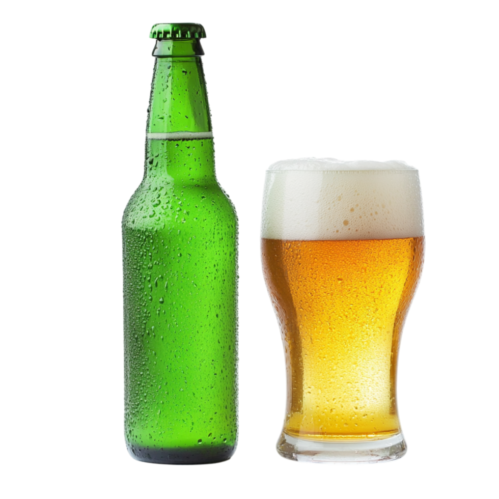 Green glass beer bottle standing next to a filled glass with frothy foam at the top representing relaxation celebration and the appreciation of craft beverages enjoyed in social gatherings png