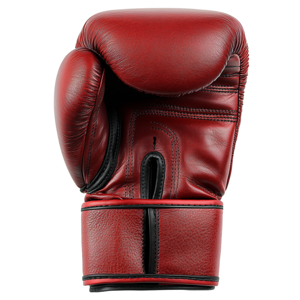 Red boxing glove with a firm padded structure and a curved wrist strap representing strength discipline and the dedication of athletes in the intense and competitive world of combat sports png