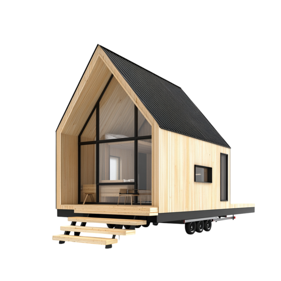 Tiny house with a modern wooden exterior featuring large windows and a slanted roof representing sustainability minimalism and the growing trend of compact living spaces designed for efficiency png