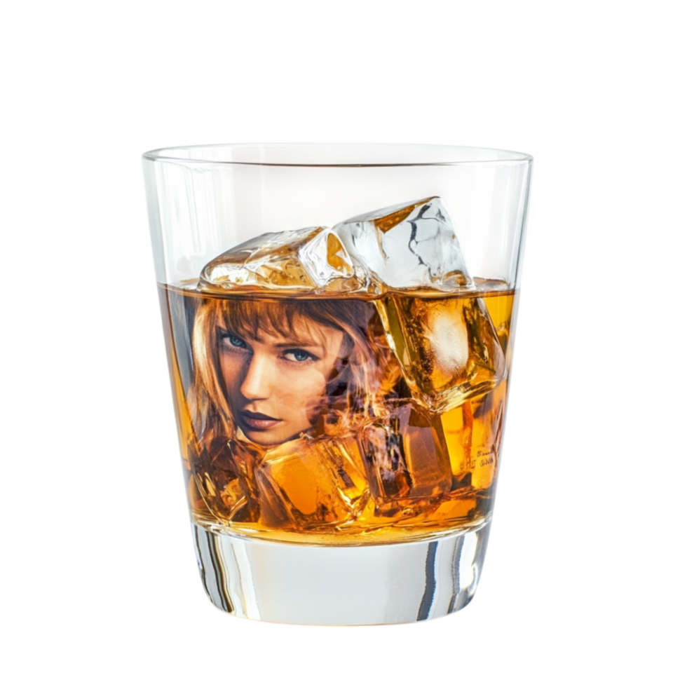 Whiskey glass filled with amber liquid and ice cubes featuring a reflection of a womans face representing sophistication indulgence and the deep rich flavors of aged spirits enjoyed worldwide png