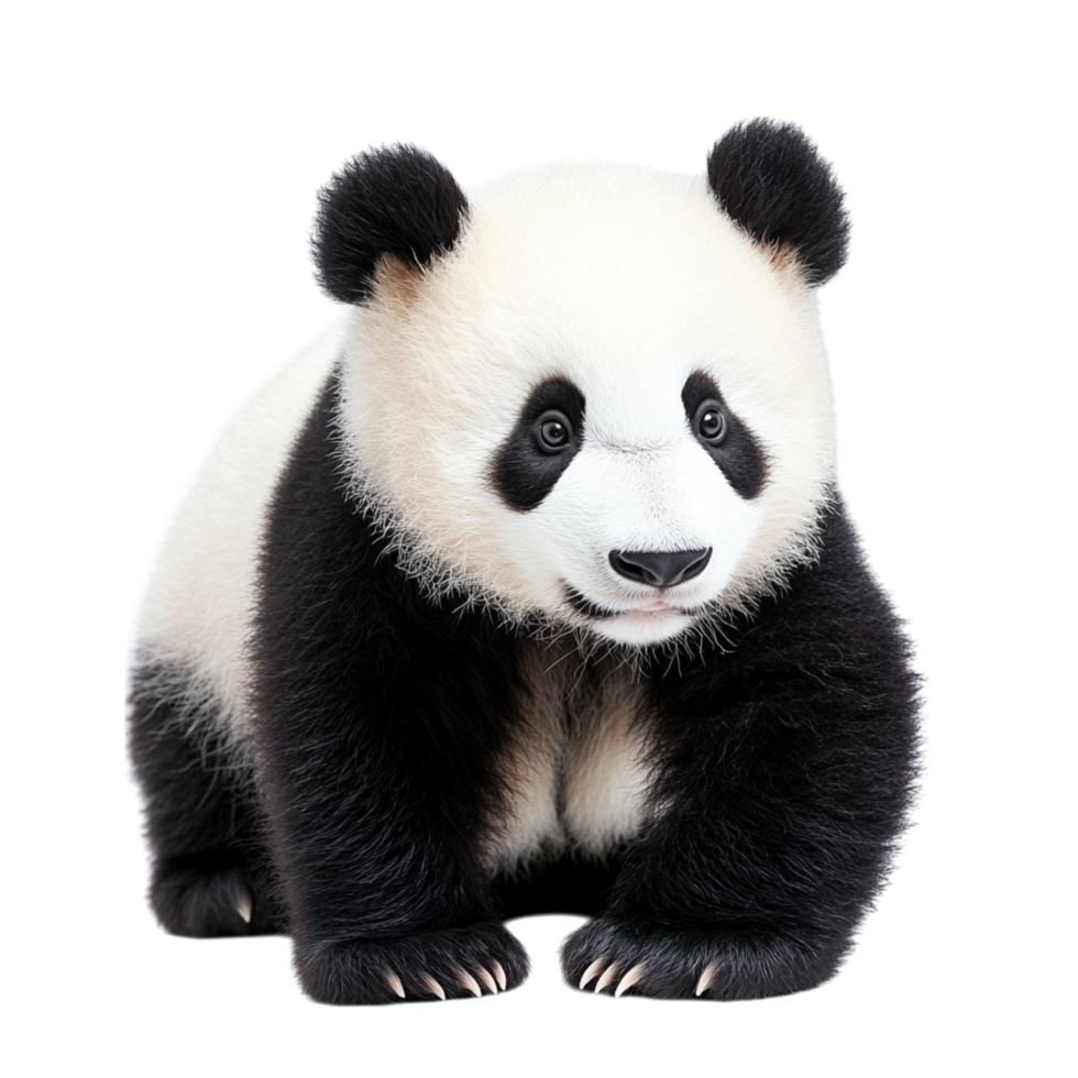Baby panda sitting cutely with a round fluffy body and a curious expression representing wildlife conservation innocence and the adorable nature of these endangered species protected worldwide png