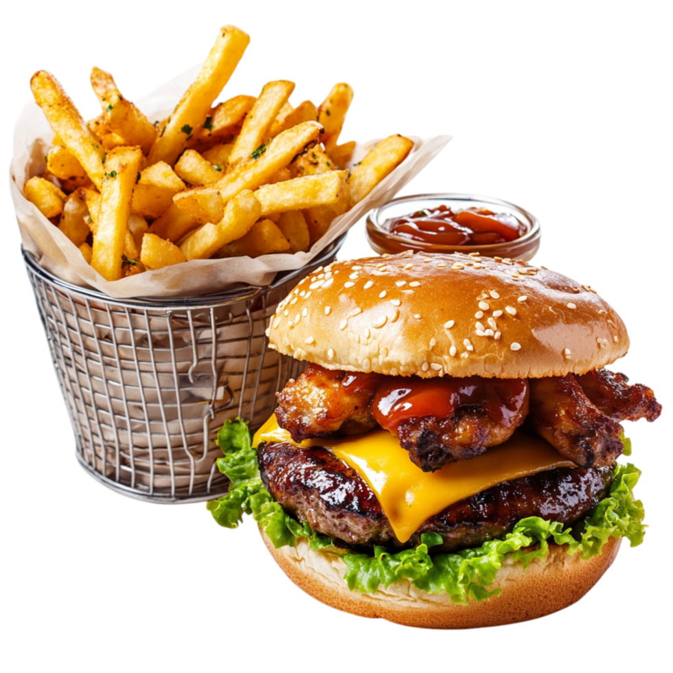 Cheeseburger with crispy lettuce melted cheese and a golden bun served with a side of fries representing indulgence fast food and the satisfying combination of rich flavors in classic meals png