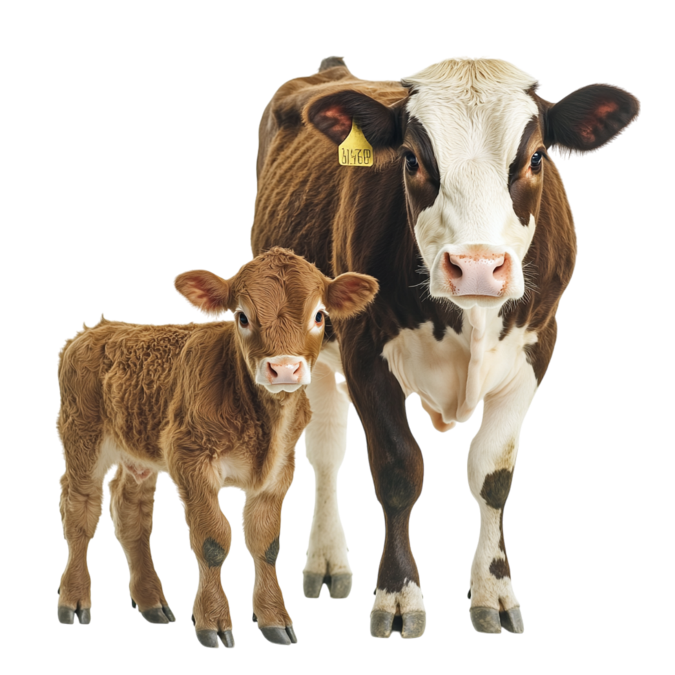 Cow standing protectively next to a small calf with a gentle gaze representing agriculture family and the bond between farm animals that provide essential dairy products for human consumption png