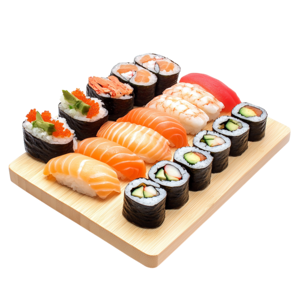 Sushi platter arranged with assorted rolls nigiri and sashimi on a wooden tray representing Japanese cuisineistry and the careful preparation of fresh seafood rice and vegetables in fine dining png