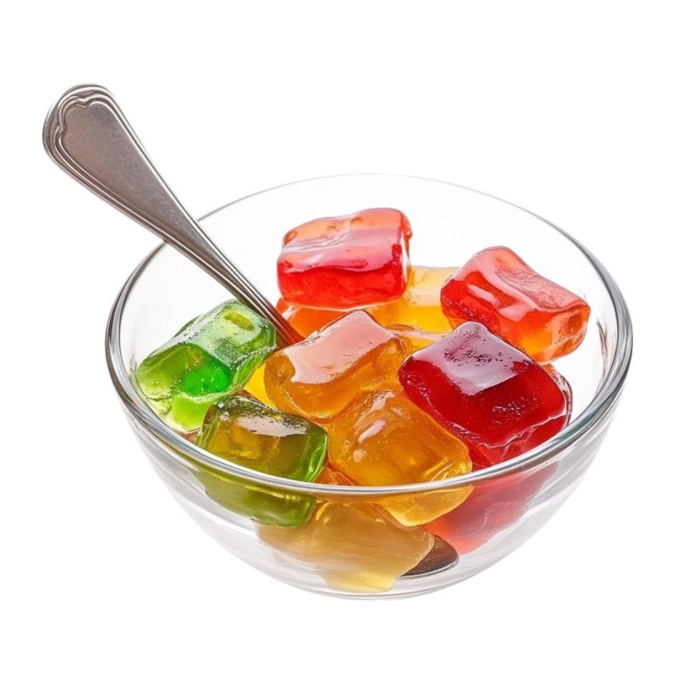Bowl of gummy candies symbolizing colorful treats chewy delights and joyful snacking moments png