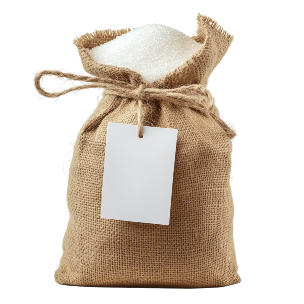 Burlap sack tied securely with a simple string and a blank label attached representing storage sustainability and the rustic charm of traditional packaging used for grains and natural goods png