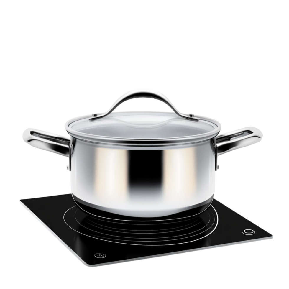 Stainless steel cooking pot with a glass lid sits on an induction stove ready to prepare delicious meals with efficient heat distribution png