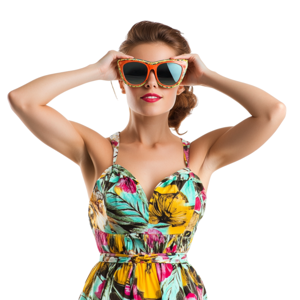Confident woman in a floral summer dress and stylish sunglasses poses with a bold and vibrant look full of energy and charm png