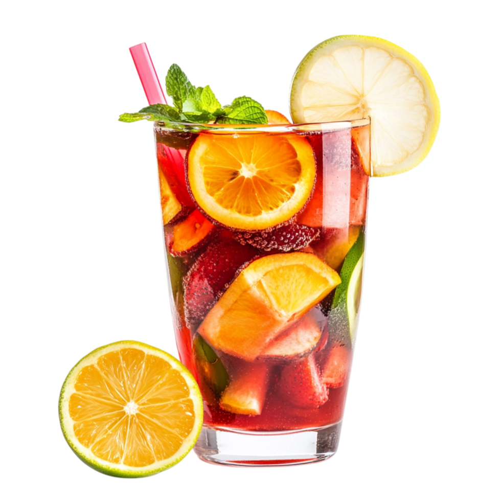 Refreshing glass of fruity drink filled with citrus slices is perfect for hot summer days png