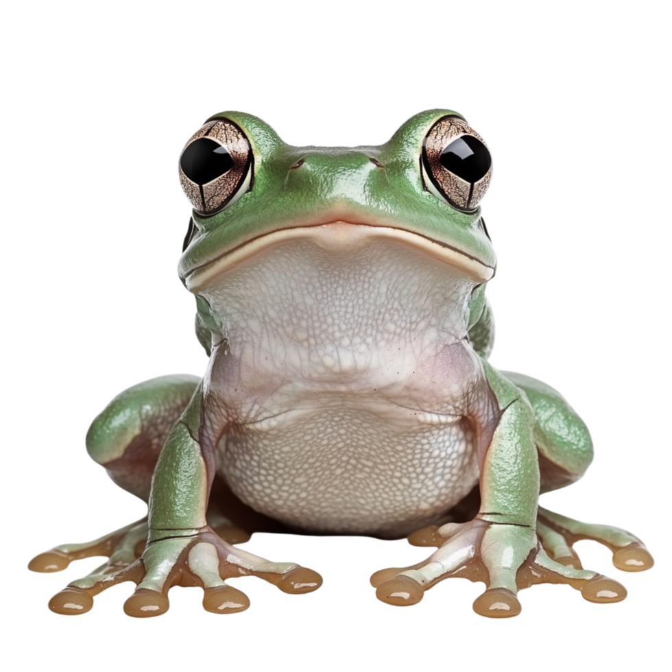Cute green tree frog with big eyes looks ready to leap from its cozy spot png