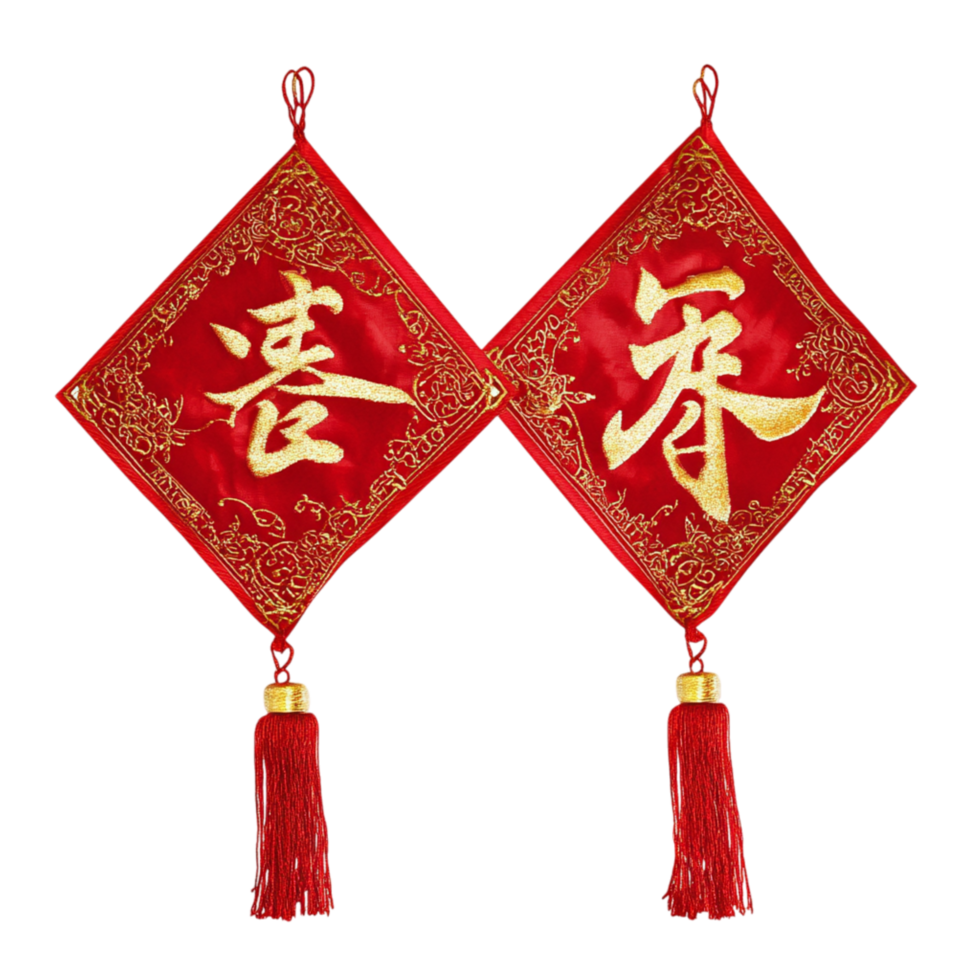 Traditional Chinese hanging decorations with intricate red tassels and golden symbols bring blessings and prosperity for celebrations png