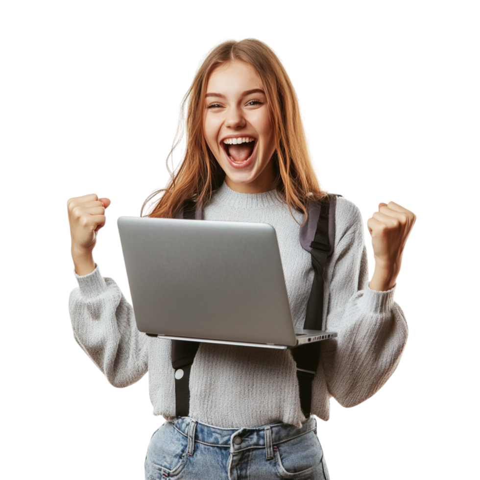Excited young woman with a joyful expression and an open laptop in her hands celebrates a moment of success and happiness png