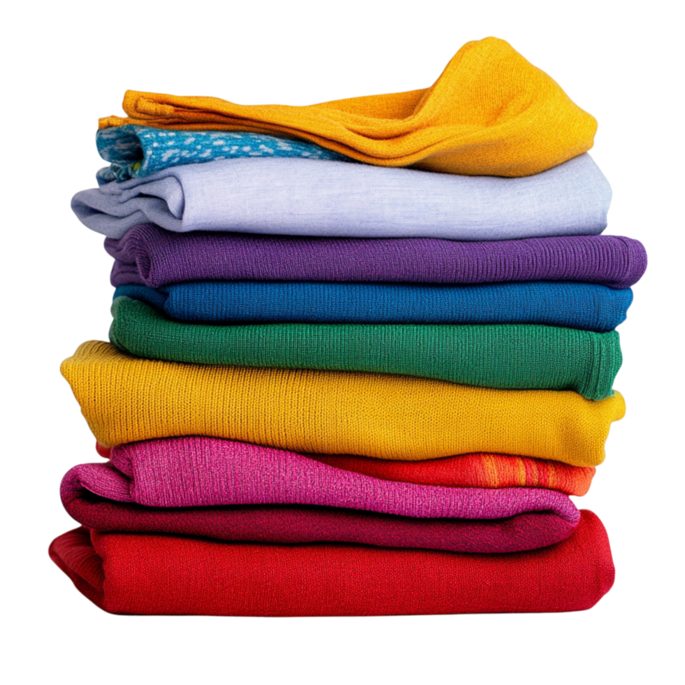 Neatly stacked pile of colorful folded towels in vibrant shades of blue yellow red and purple adds warmth and comfort to any setting png
