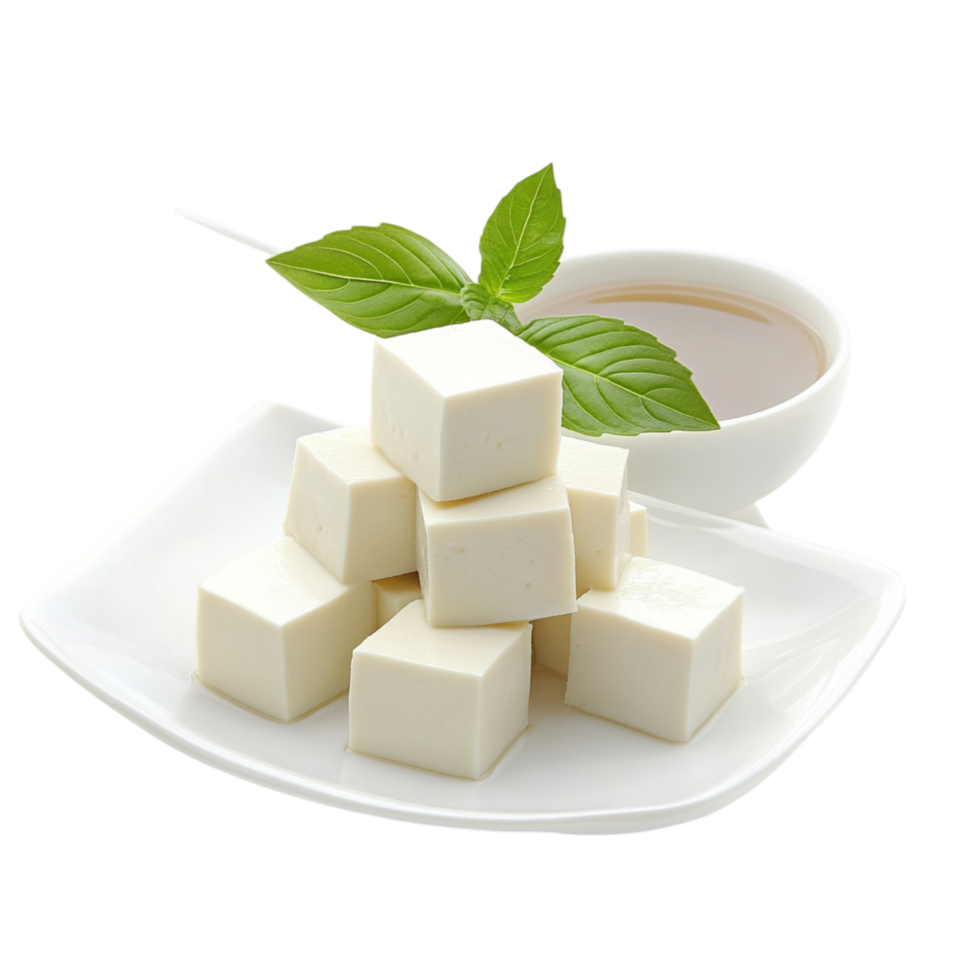Cubes of soft white tofu garnished with fresh basil leaves offer a healthy plantbased option png