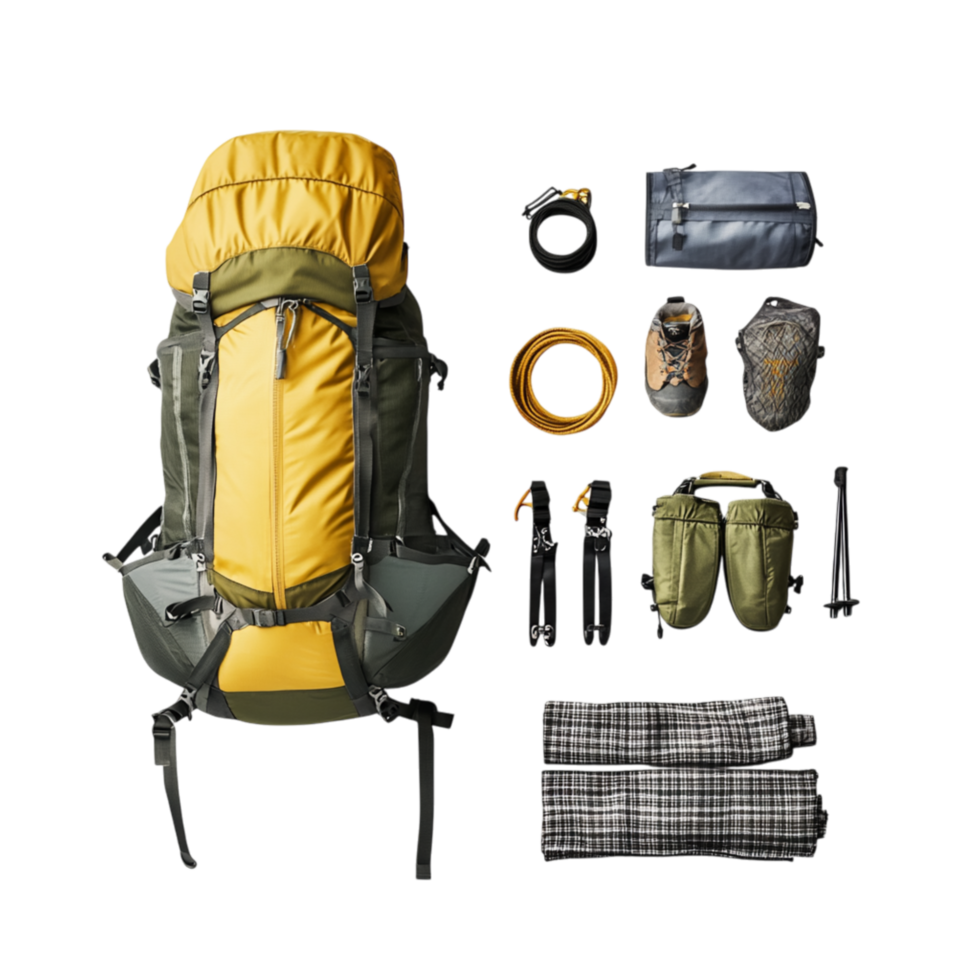 Complete camping gear set with a backpack and essentials is perfect for adventurous expeditions png