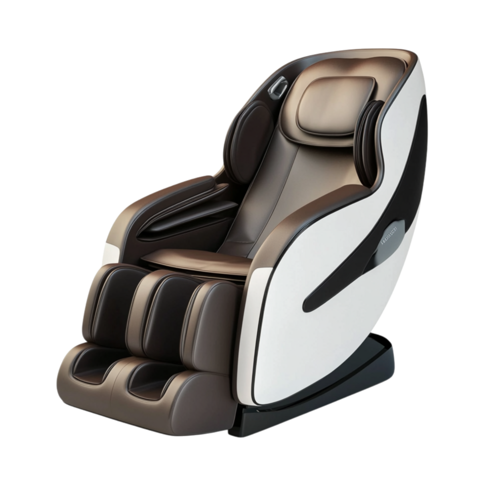 Luxurious black and white massage chair with padded armrests and reclining features offers ultimate relaxation and comfort png