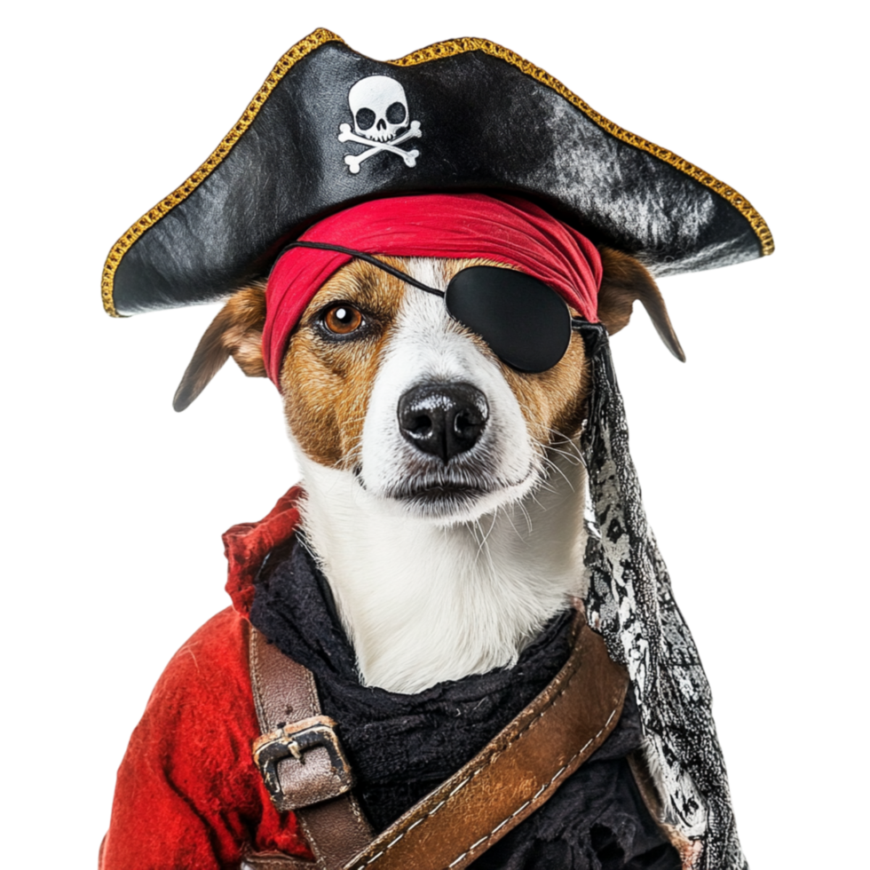 Dog dressed as a pirate with an eye patch and hat looks adventurous and comically brave png