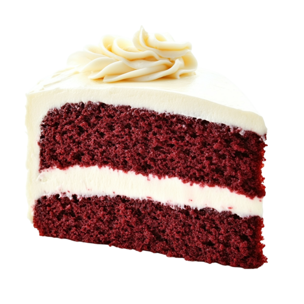 Rich red velvet cake with layers of cream cheese frosting looks irresistibly soft and moist with an elegant swirl on top png