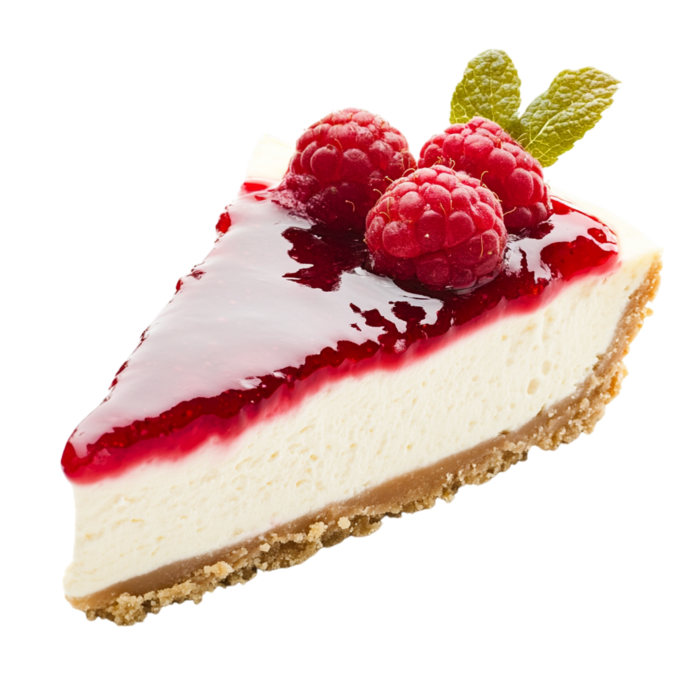 Delicious slice of raspberry cheesecake with a golden crust and creamy texture is topped with fresh berries for a delightful treat png