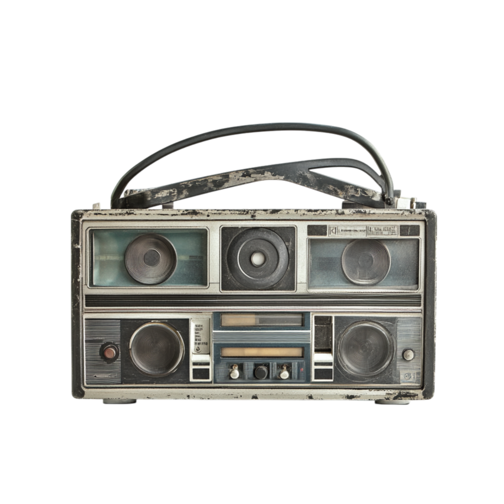 Vintage boombox with large speakers and an antenna delivers powerful sound and retro vibes png