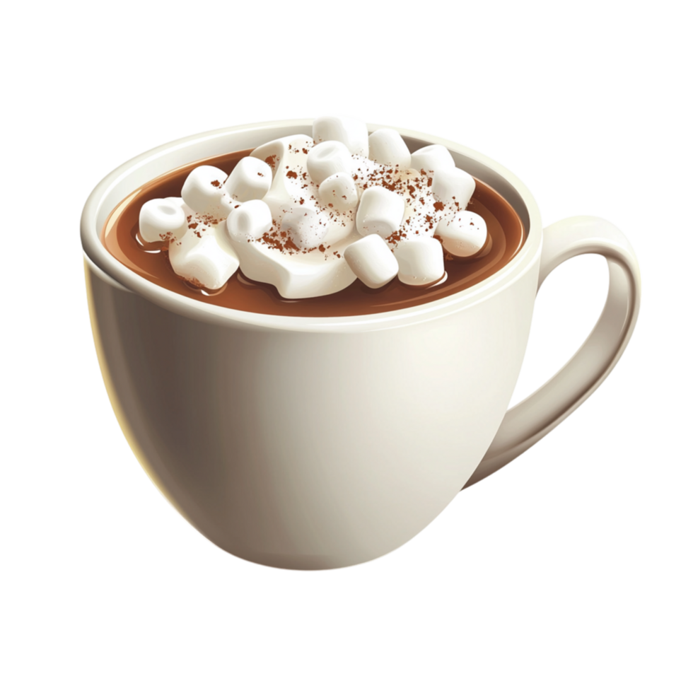Warm cup of hot chocolate topped with marshmallows offers comfort and sweetness in every sip png